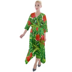 Red Flowers And Green Plants At Outdoor Garden Quarter Sleeve Wrap Front Maxi Dress