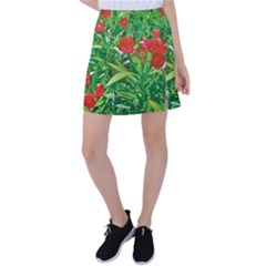 Red Flowers And Green Plants At Outdoor Garden Tennis Skirt