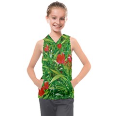 Red Flowers And Green Plants At Outdoor Garden Kids  Sleeveless Hoodie by dflcprintsclothing