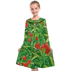 Red Flowers And Green Plants At Outdoor Garden Kids  Midi Sailor Dress by dflcprintsclothing