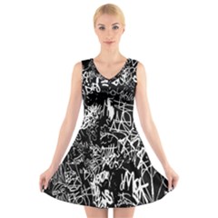 Graffiti Abstract Collage Print Pattern V-neck Sleeveless Dress