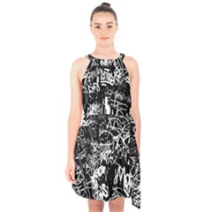 Graffiti Abstract Collage Print Pattern Halter Collar Waist Tie Chiffon Dress by dflcprintsclothing