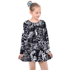 Graffiti Abstract Collage Print Pattern Kids  Long Sleeve Dress by dflcprintsclothing