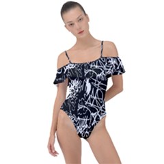 Graffiti Abstract Collage Print Pattern Frill Detail One Piece Swimsuit by dflcprintsclothing