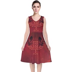 Decorative Celtic Knot With Dragon V-neck Midi Sleeveless Dress  by FantasyWorld7