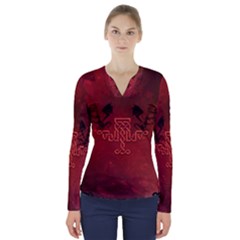 Decorative Celtic Knot With Dragon V-neck Long Sleeve Top by FantasyWorld7