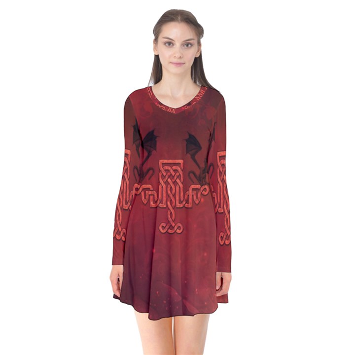 Decorative Celtic Knot With Dragon Long Sleeve V-neck Flare Dress