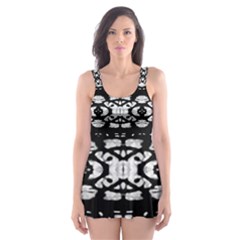 Black And White Modern Ornate Stripes Design Skater Dress Swimsuit