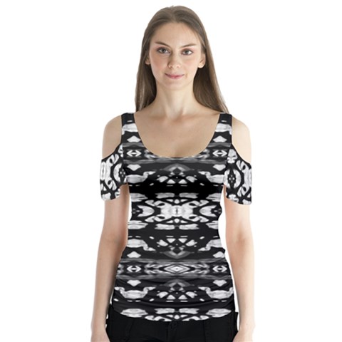 Black And White Modern Ornate Stripes Design Butterfly Sleeve Cutout Tee  by dflcprintsclothing