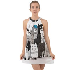 Cute Cat Hand Drawn Cartoon Style Halter Tie Back Chiffon Dress by Vaneshart