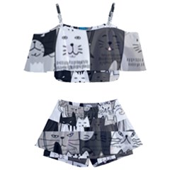 Cute Cat Hand Drawn Cartoon Style Kids  Off Shoulder Skirt Bikini