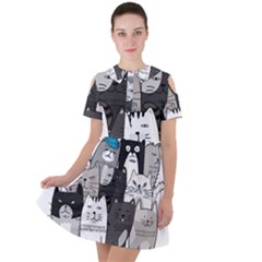 Cute Cat Hand Drawn Cartoon Style Short Sleeve Shoulder Cut Out Dress  by Vaneshart