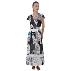 Cute Cat Hand Drawn Cartoon Style Flutter Sleeve Maxi Dress by Vaneshart