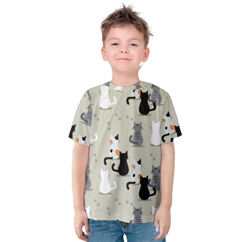 Cute Cat Seamless Pattern Kids  Cotton Tee by Vaneshart