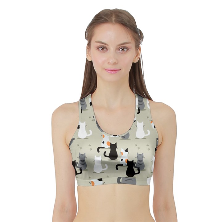 Cute Cat Seamless Pattern Sports Bra with Border