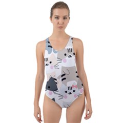 Cute Cat Couple Seamless Pattern Cartoon Cut-out Back One Piece Swimsuit by Vaneshart