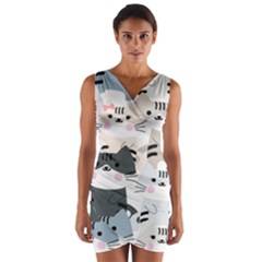 Cute Cat Couple Seamless Pattern Cartoon Wrap Front Bodycon Dress by Vaneshart