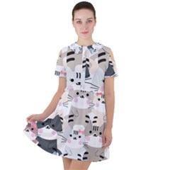 Cute Cat Couple Seamless Pattern Cartoon Short Sleeve Shoulder Cut Out Dress  by Vaneshart