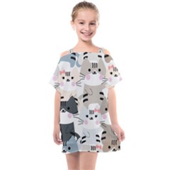 Cute Cat Couple Seamless Pattern Cartoon Kids  One Piece Chiffon Dress by Vaneshart