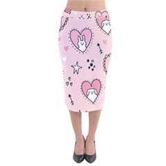 Cartoon Cute Valentines Day Doodle Heart Love Flower Seamless Pattern Vector Velvet Midi Pencil Skirt by Vaneshart