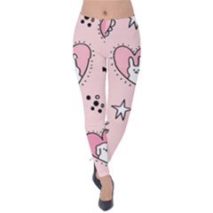 Cartoon Cute Valentines Day Doodle Heart Love Flower Seamless Pattern Vector Velvet Leggings by Vaneshart