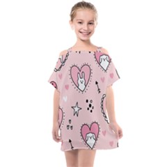 Cartoon Cute Valentines Day Doodle Heart Love Flower Seamless Pattern Vector Kids  One Piece Chiffon Dress by Vaneshart