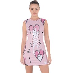 Cartoon Cute Valentines Day Doodle Heart Love Flower Seamless Pattern Vector Lace Up Front Bodycon Dress by Vaneshart