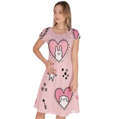 Cartoon Cute Valentines Day Doodle Heart Love Flower Seamless Pattern Vector Classic Short Sleeve Dress by Vaneshart