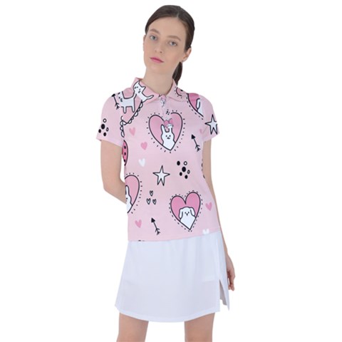 Cartoon Cute Valentines Day Doodle Heart Love Flower Seamless Pattern Vector Women s Polo Tee by Vaneshart