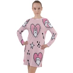 Cartoon Cute Valentines Day Doodle Heart Love Flower Seamless Pattern Vector Long Sleeve Hoodie Dress