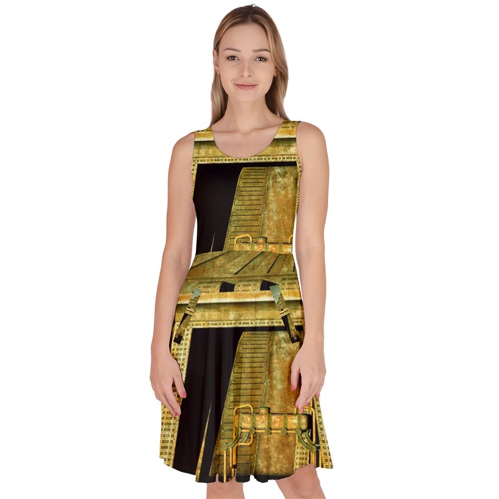 Awesome Steampunk Pyramid In The Night Knee Length Skater Dress With Pockets