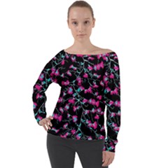 Mid Nite Deep Pink Flora Off Shoulder Long Sleeve Velour Top by 1dsign