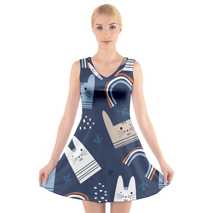 Colorful Cute Cats Seamless Pattern V-Neck Sleeveless Dress