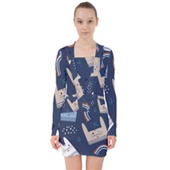 Colorful Cute Cats Seamless Pattern V-neck Bodycon Long Sleeve Dress