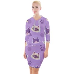 Cute Colorful Cat Kitten With Paw Yarn Ball Seamless Pattern Quarter Sleeve Hood Bodycon Dress by Vaneshart