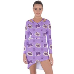 Cute Colorful Cat Kitten With Paw Yarn Ball Seamless Pattern Asymmetric Cut-out Shift Dress by Vaneshart