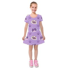 Cute Colorful Cat Kitten With Paw Yarn Ball Seamless Pattern Kids  Short Sleeve Velvet Dress by Vaneshart