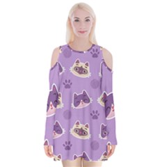 Cute Colorful Cat Kitten With Paw Yarn Ball Seamless Pattern Velvet Long Sleeve Shoulder Cutout Dress by Vaneshart