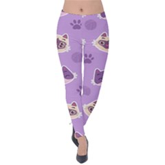 Cute Colorful Cat Kitten With Paw Yarn Ball Seamless Pattern Velvet Leggings by Vaneshart