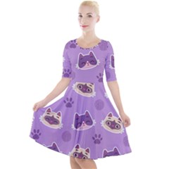 Cute Colorful Cat Kitten With Paw Yarn Ball Seamless Pattern Quarter Sleeve A-line Dress by Vaneshart