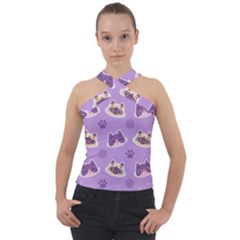 Cute Colorful Cat Kitten With Paw Yarn Ball Seamless Pattern Cross Neck Velour Top by Vaneshart