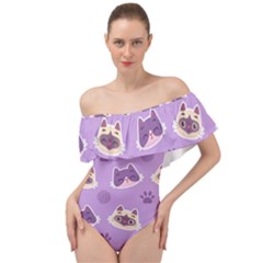 Cute Colorful Cat Kitten With Paw Yarn Ball Seamless Pattern Off Shoulder Velour Bodysuit  by Vaneshart