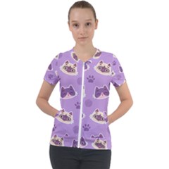 Cute Colorful Cat Kitten With Paw Yarn Ball Seamless Pattern Short Sleeve Zip Up Jacket by Vaneshart