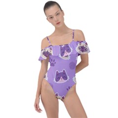 Cute Colorful Cat Kitten With Paw Yarn Ball Seamless Pattern Frill Detail One Piece Swimsuit by Vaneshart