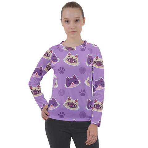 Cute Colorful Cat Kitten With Paw Yarn Ball Seamless Pattern Women s Long Sleeve Raglan Tee by Vaneshart