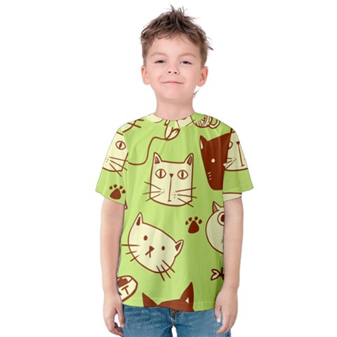 Cute Hand Drawn Cat Seamless Pattern Kids  Cotton Tee by Vaneshart