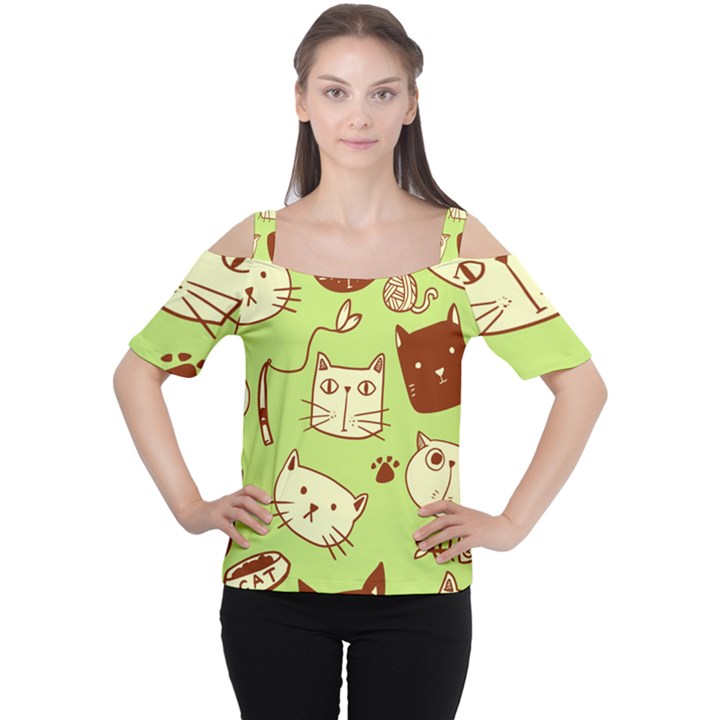 Cute Hand Drawn Cat Seamless Pattern Cutout Shoulder Tee