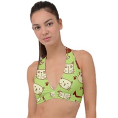 Cute Hand Drawn Cat Seamless Pattern Halter Plunge Bikini Top by Vaneshart