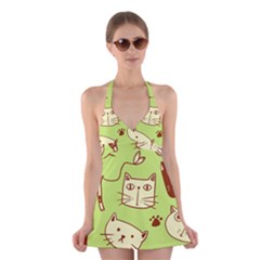 Cute Hand Drawn Cat Seamless Pattern Halter Dress Swimsuit  by Vaneshart