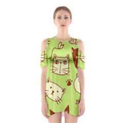 Cute Hand Drawn Cat Seamless Pattern Shoulder Cutout One Piece Dress by Vaneshart